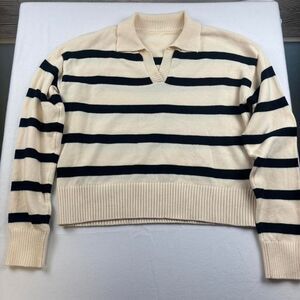 Women's Cream & Black Striped Cropped Knit Sweater | Size XL